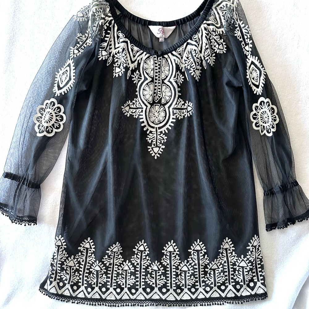Roja Women's L Large Tunic Embroidered Sheer Western Boho‎ Folkwear HandStitched